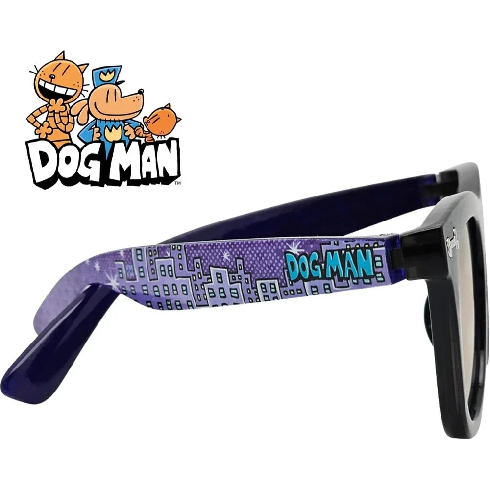 Dog Man Boys Black Horn Rimmed Sunglasses Blue Mirrored Lenses Kids